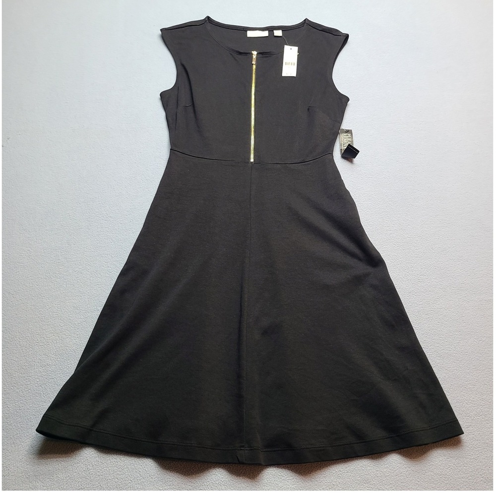 New‎ York & Company Fit and Flare Dress Womens XS Black NEW Gold Zip Sleeveless